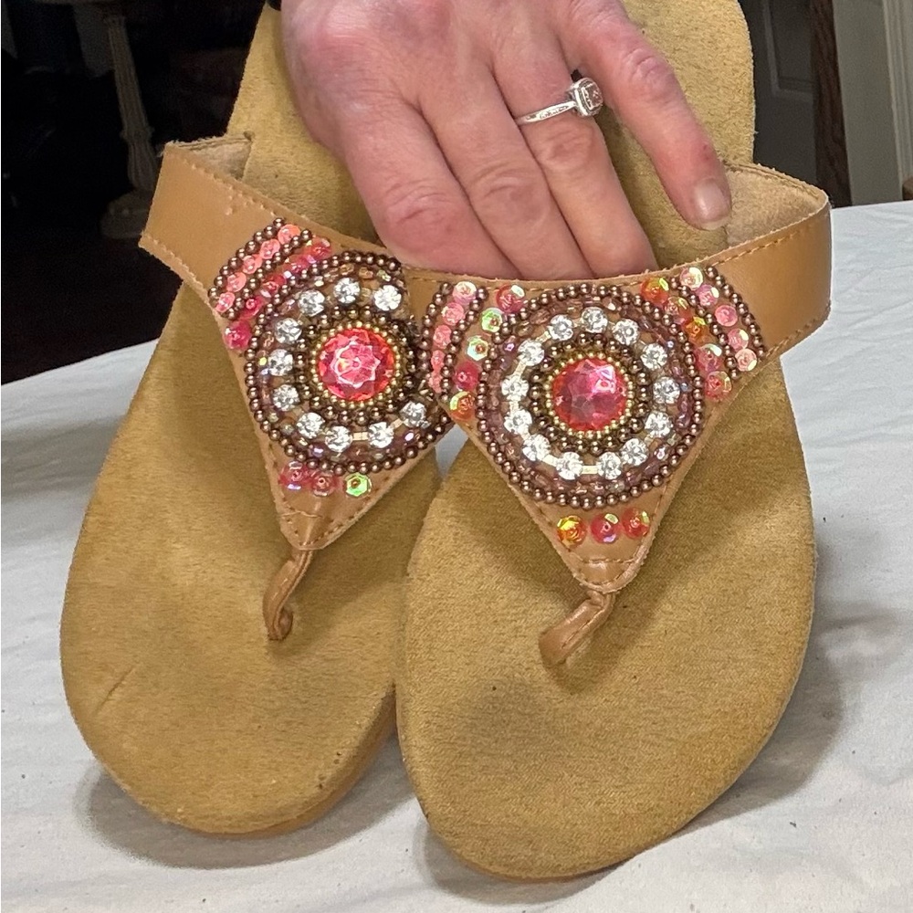 Women's Beaded Sandals in Pink and Tan - Picture 2 of 6